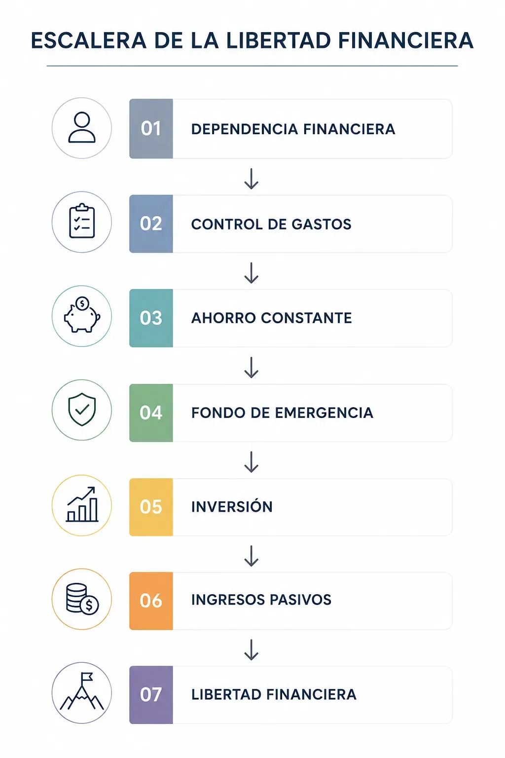 Escalera de la libertad financiera con pasos desde el control de gastos hasta los ingresos pasivos